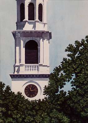 Joseph Cousins' watercolor painting of a New England church clock tower